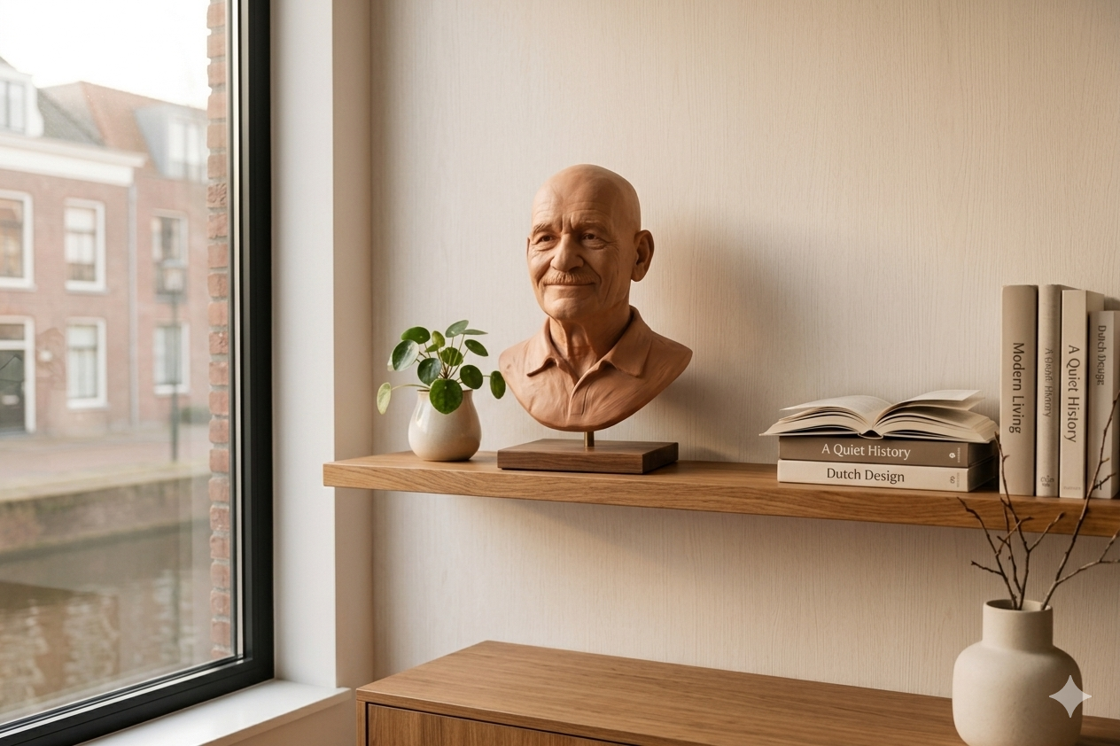 Portretbuste in een warme Nederlandse woonkamer